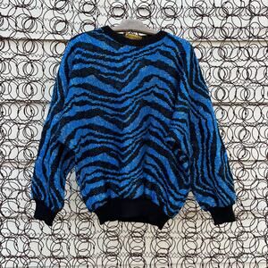 Vintage 80s Dolcezza Italy Blue Black Metallic Waves Zebra Batwing Sweater LARGE